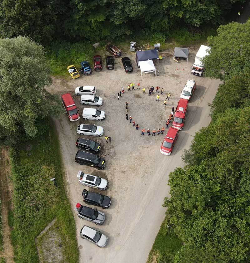 Drohnenaufnahme von einem Parkplatz mit Einsatzfahrzeugen und Menschen in Schutzkleidung, die in einem großen Kreis stehen.